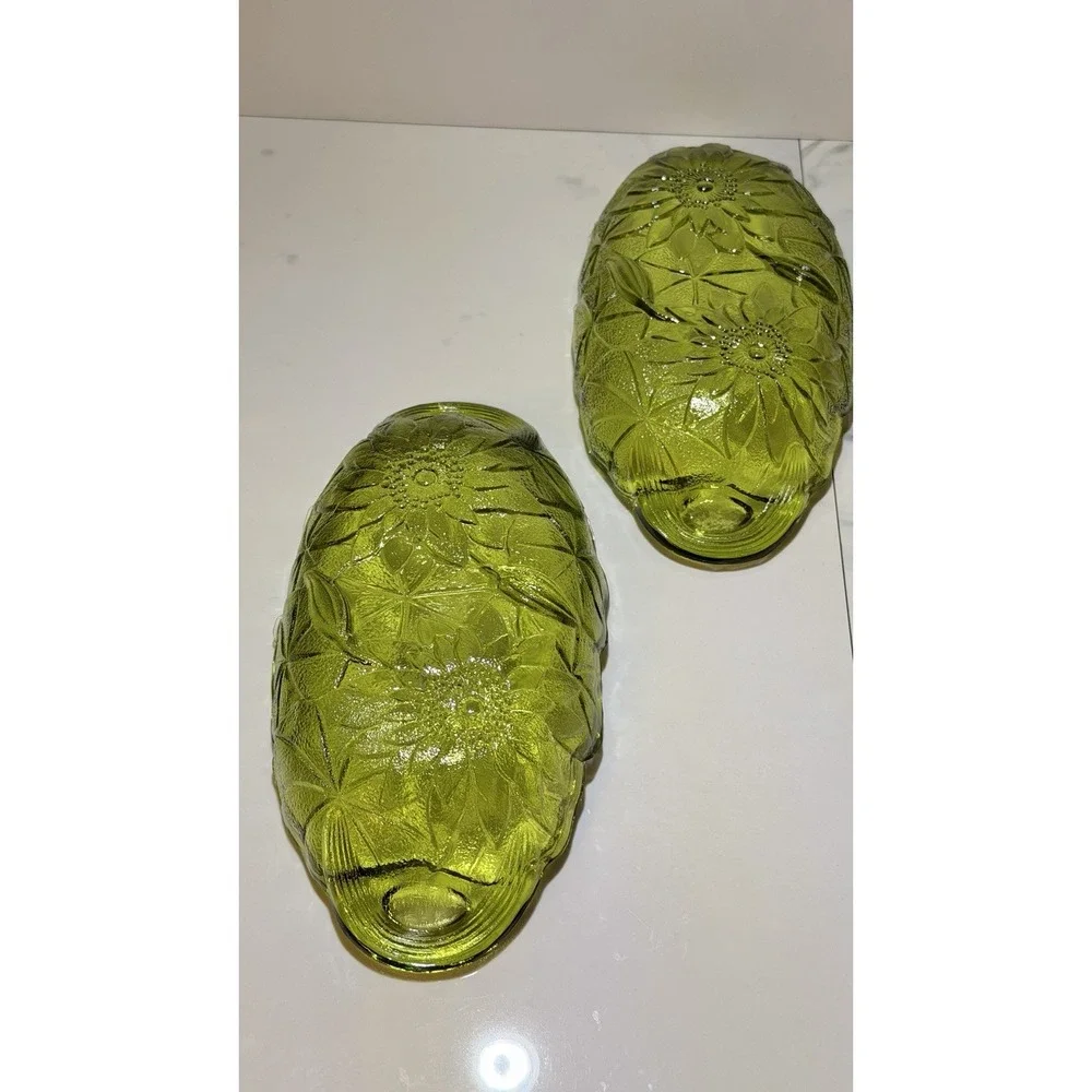2 Avocado Green Serving  Glass Dish Sunflower Pattern Celery